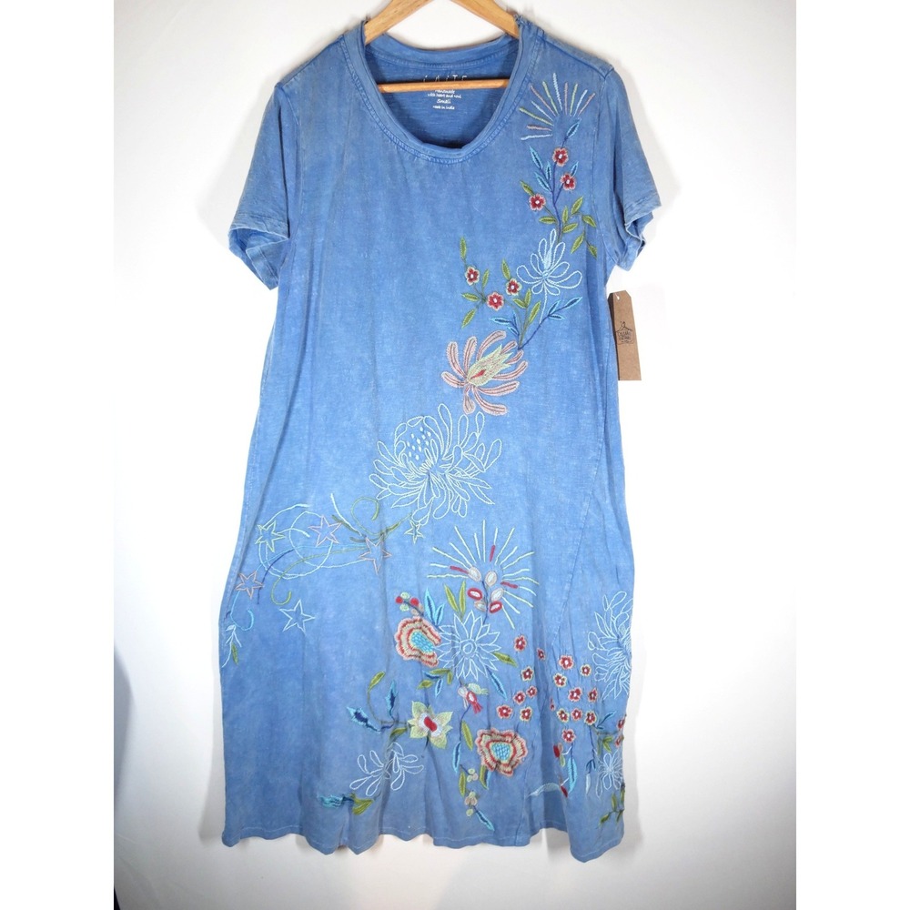 Caite Floral Embroidered Maxi T-Shirt Dress Womens Small Blue Boho Cotton 3149